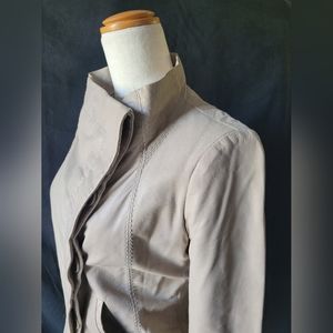 BCBG Maxazria Asymmetrical Drape Leather Jacket in Soychai Taupe